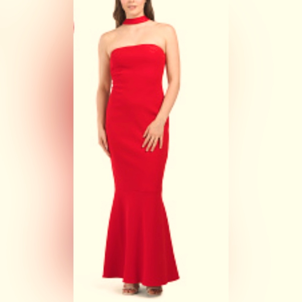 Red choker collar strapless mermaid gown